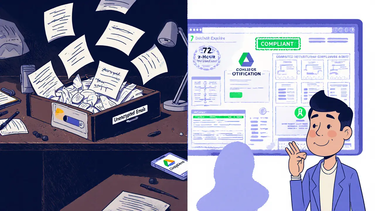 Dvě scény: nebezpečná vs. bezpečná praxe online terapie v kresleném stylu.