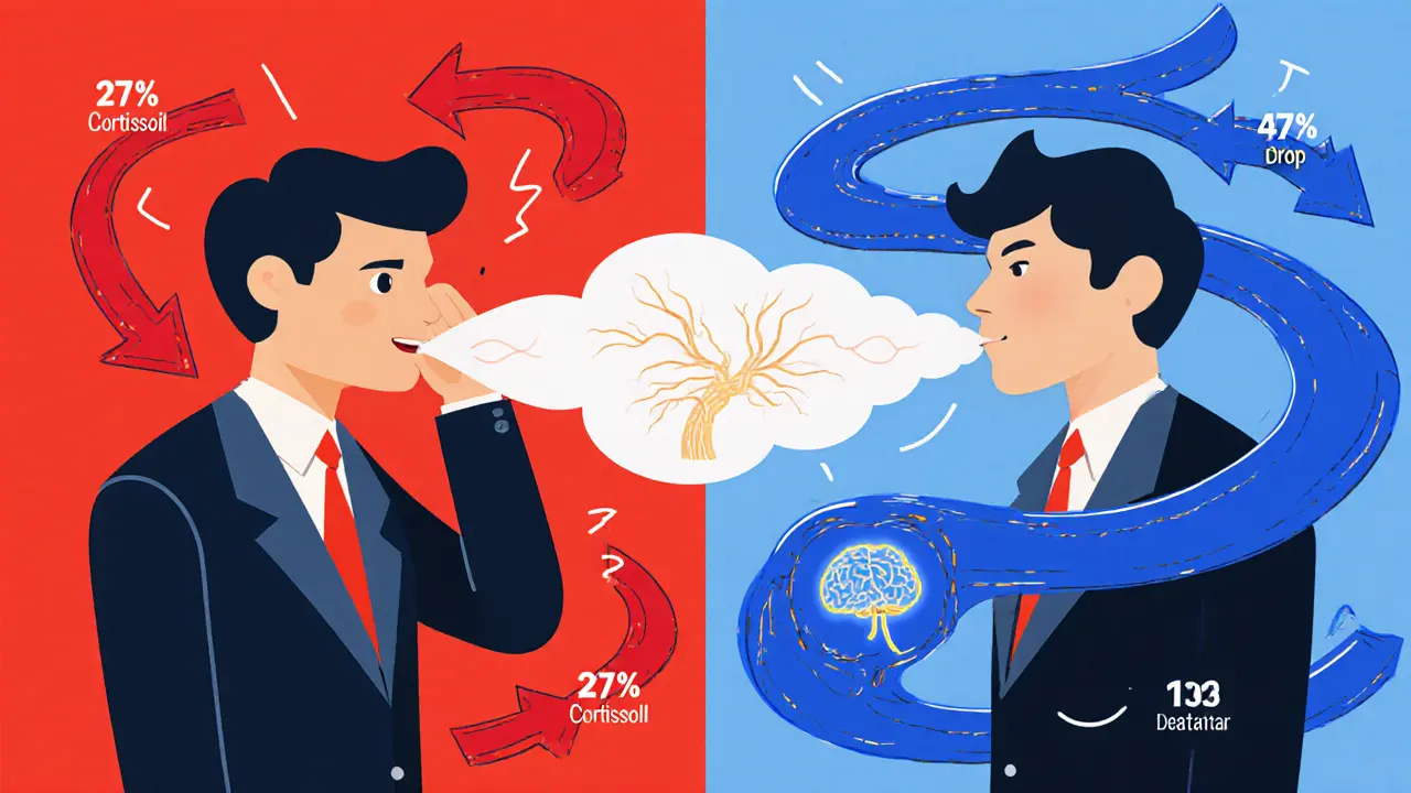 Dvě strany jedné osoby: jedna napjatá s rychlým dýcháním, druhá klidná s 4-7-8 rytmem a fyzickými ukazateli účinku.