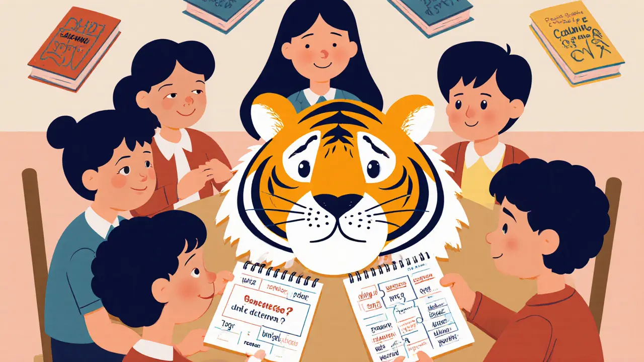 Family and teacher sharing puzzle shaped like a tiger, symbolizing ADHD support strategies.