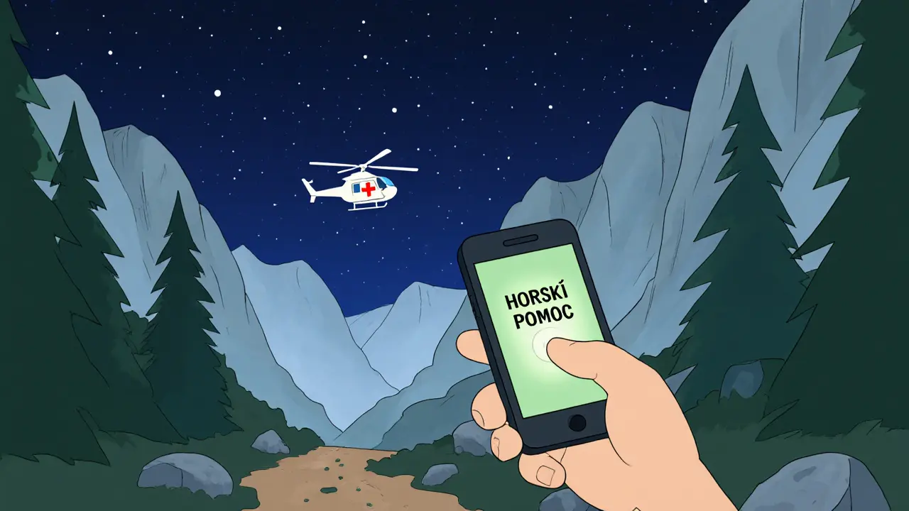 Horský záchranný vrtulník se blíží k hudeckému turistovi.