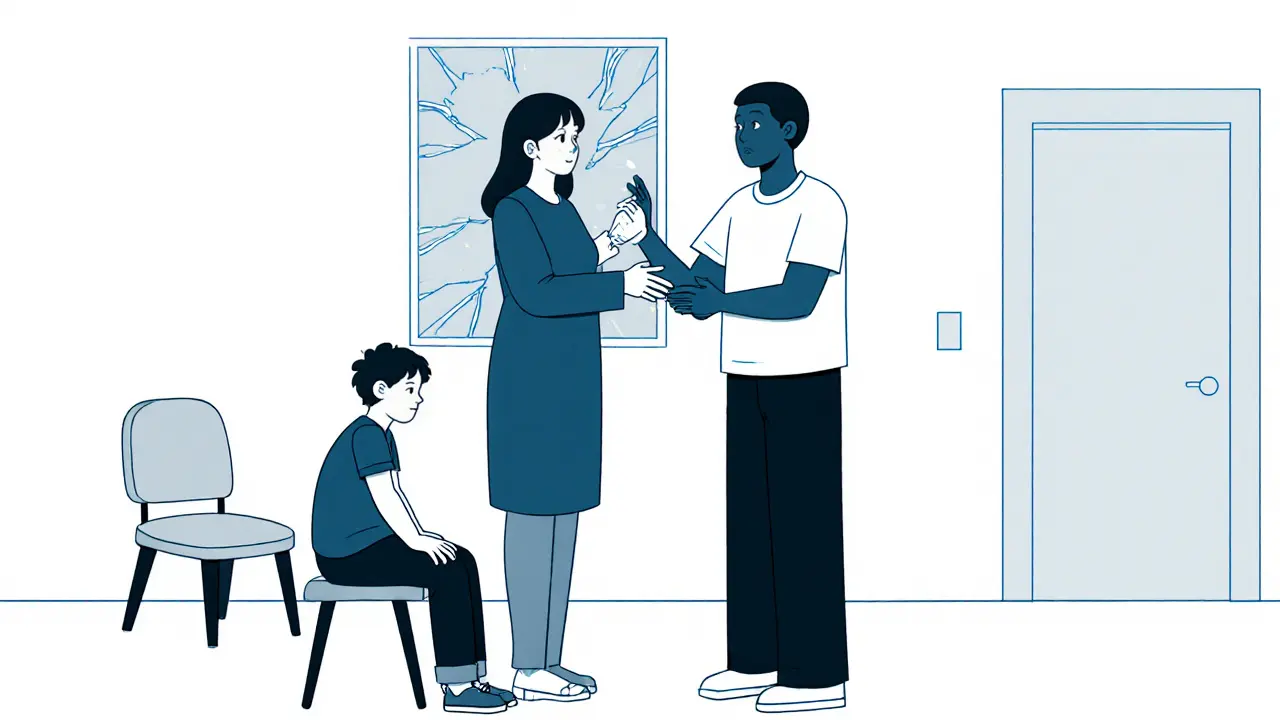 Klient přebírá roli původního původce úrazu, zatímco jeho dětské já sedí před ním.