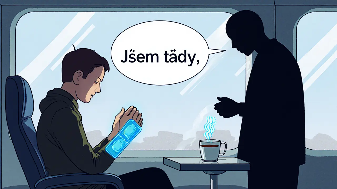 Osoba drží led na zápěstí, vedle ní se v šálku vlní voda, vzniká jemný text &#039;Jsem tady&#039; jako symbol podpory.