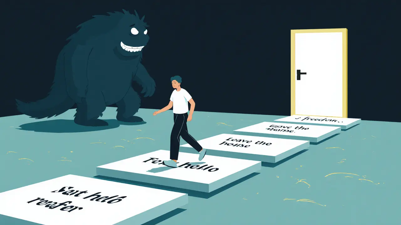 Osoba krokuje po krocích k svobodě, zatímco strach za ní postupně zmenšuje.