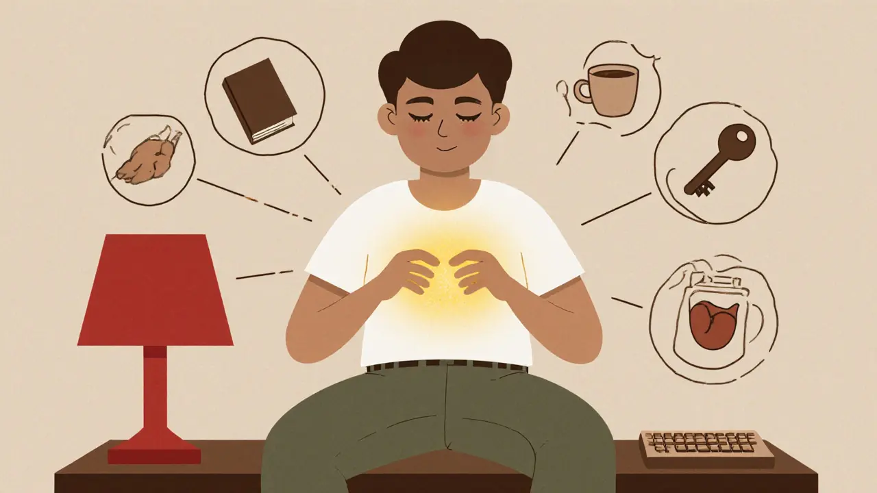 Osoba používá techniku 5-4-3-2-1 pro uzemnění, kolem ní se objevují ikony pěti smyslů v klidných tónech.