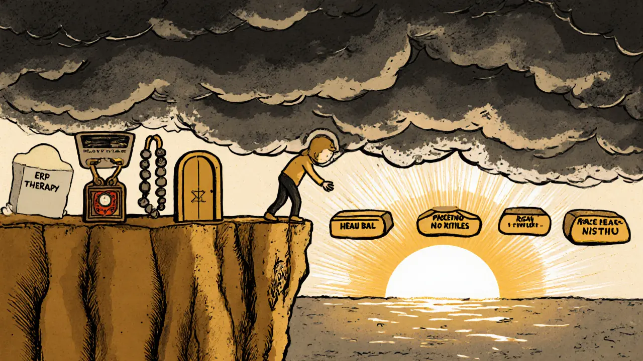 Osoba se blíží k mostu terapie, za ní zůstávají rituály a čekací doby, před ní světlo.