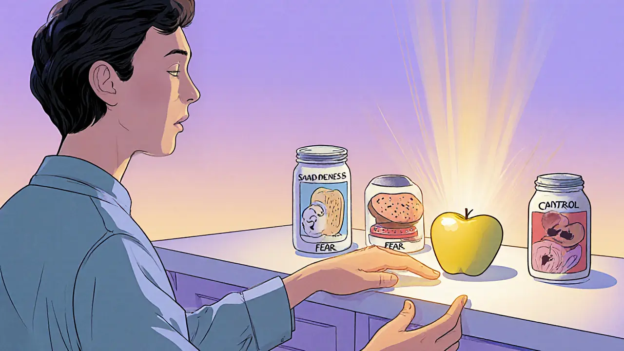 Osoba se dotýká jídla, zatímco jeho emocionální příčiny jsou viditelné jako štítky.