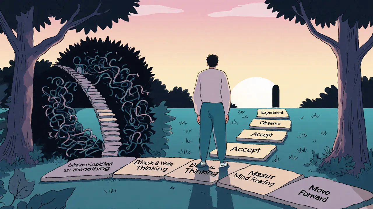 Osoba stojí na cestě, kde staré návyky zůstávají za ní, zatímco nové kroky vедou do světla.