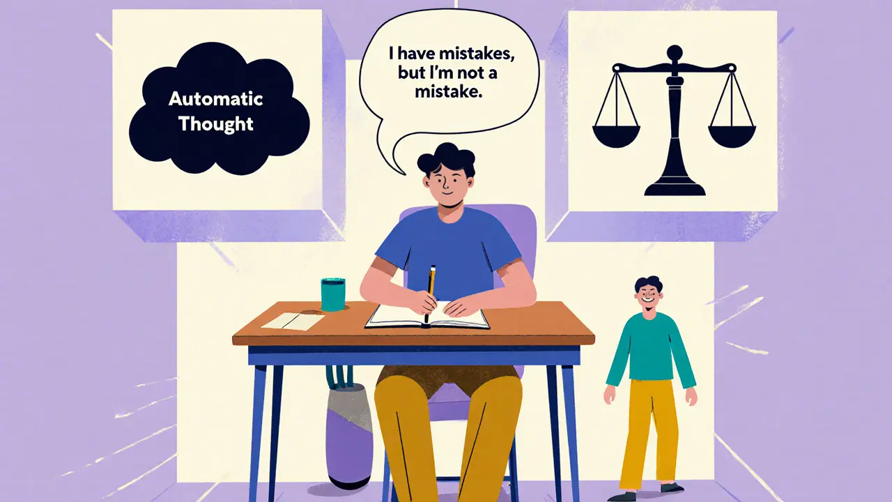 Osoba zapisuje myšlenky do poznámek, kolem ní vizuální kroky kognitivní restrukturalizace.