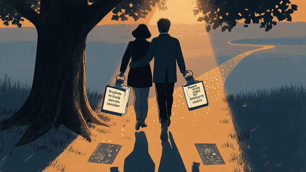 Pár jde večer pod stromem, nesou světlice s principy Gottmanovy metody, jejich stíny se spojují.