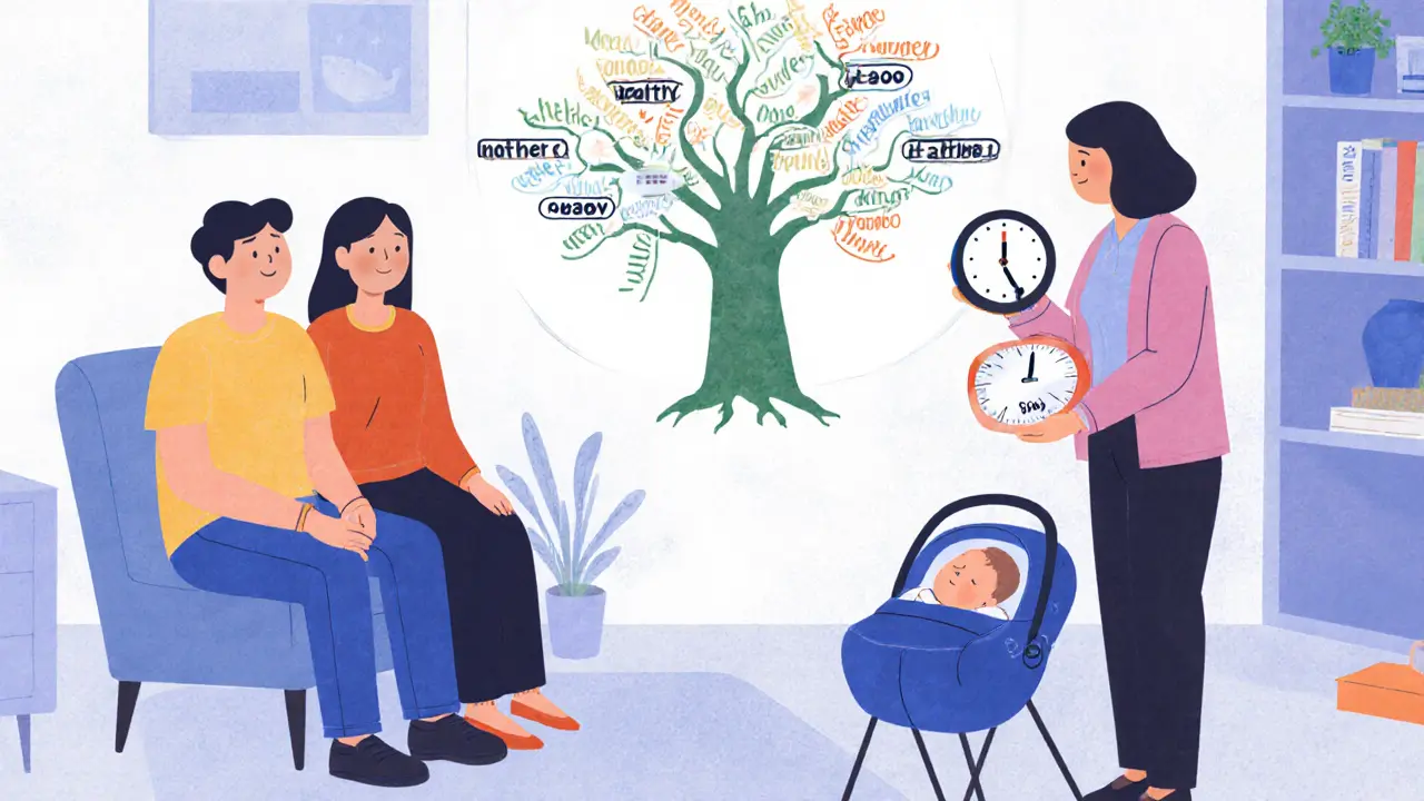 Pár spolu s terapeutem v kanceláři, na stěně je rodokmen s novými větvemi pro partnery.