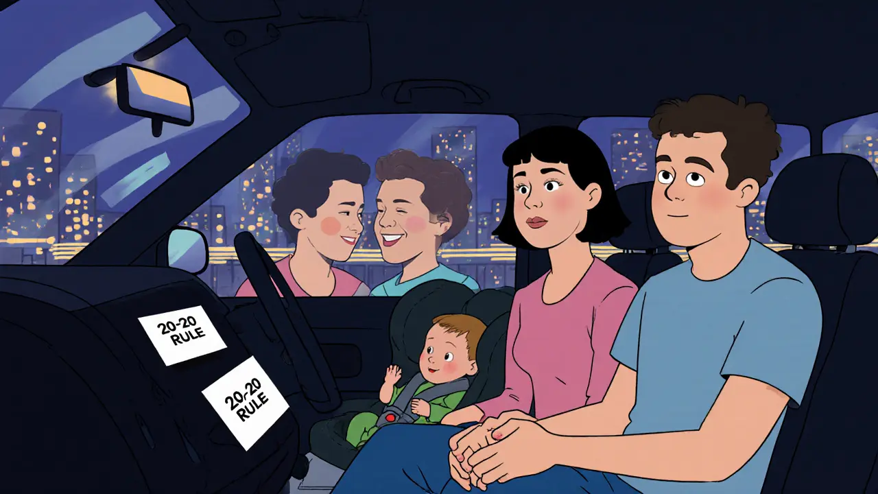 Pár v autě v noci, drží si za ruce, dítě spí vzadu, na dashboardu je poznámka &#039;20/20&#039;.