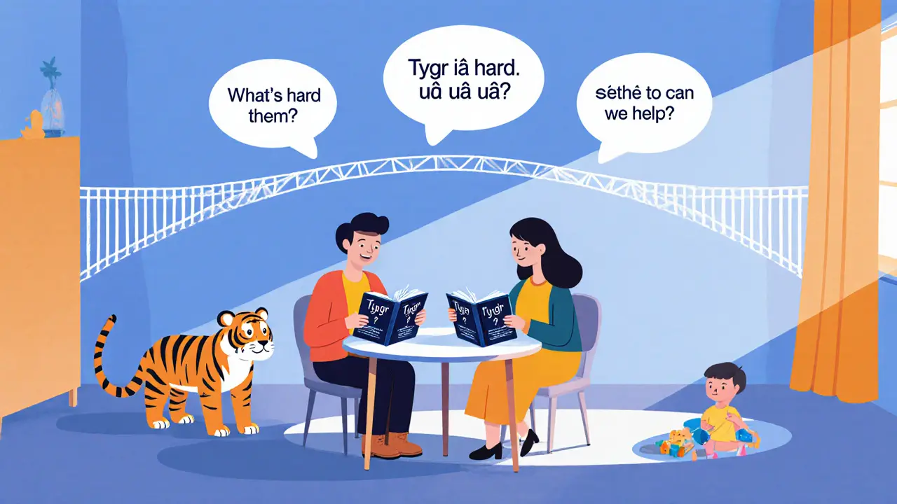 Parent and teacher reading together, bridge of questions above them, child playing peacefully.