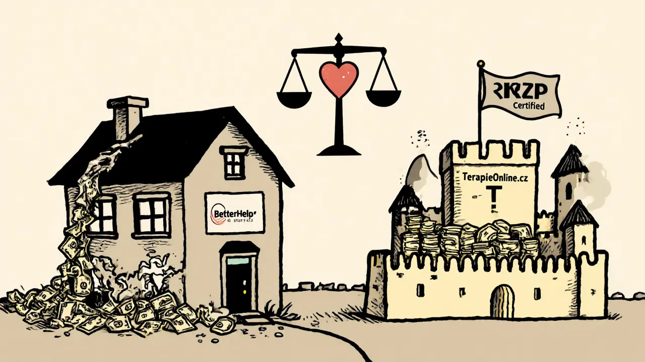 Porovnání nebezpečné a bezpečné platformy jako zničeného domu a pevnosti s certifikací.