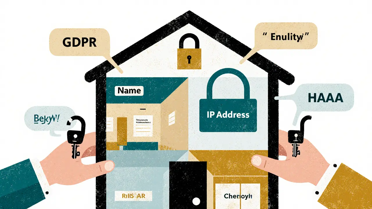Průhledný dům s osobními daty, ochraňovaný klíči GDPR a HIPAA.