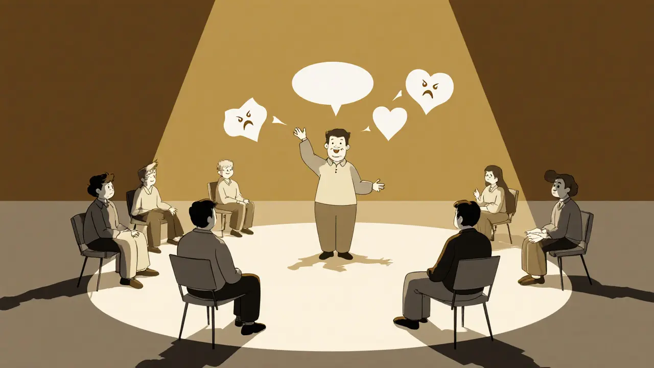 Skupina lidí v kruhu provádí psychodramu, jeden hraje traumata, ostatní představují jeho emoce.