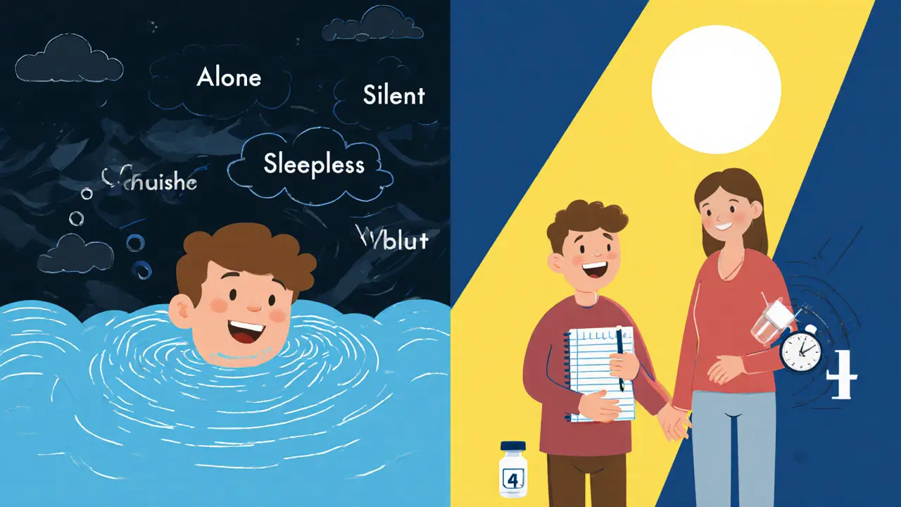 Split image: teen drowning in darkness vs. emerging into light with family support.