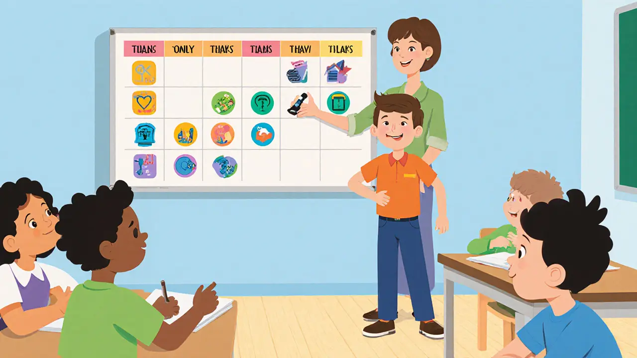 Teacher using visual schedule in classroom while student takes a break, others working quietly.