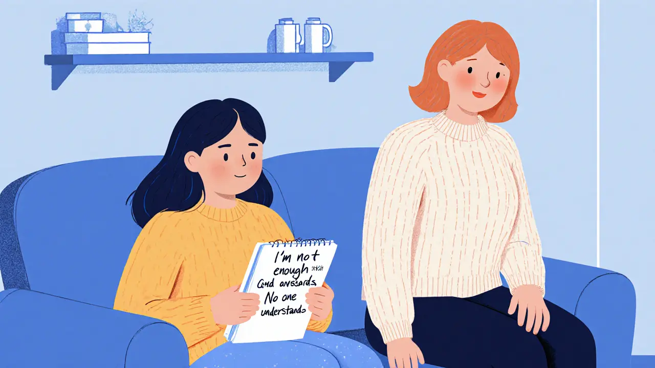 Teenager in therapy session with psychologist and parents, quiet and hopeful.