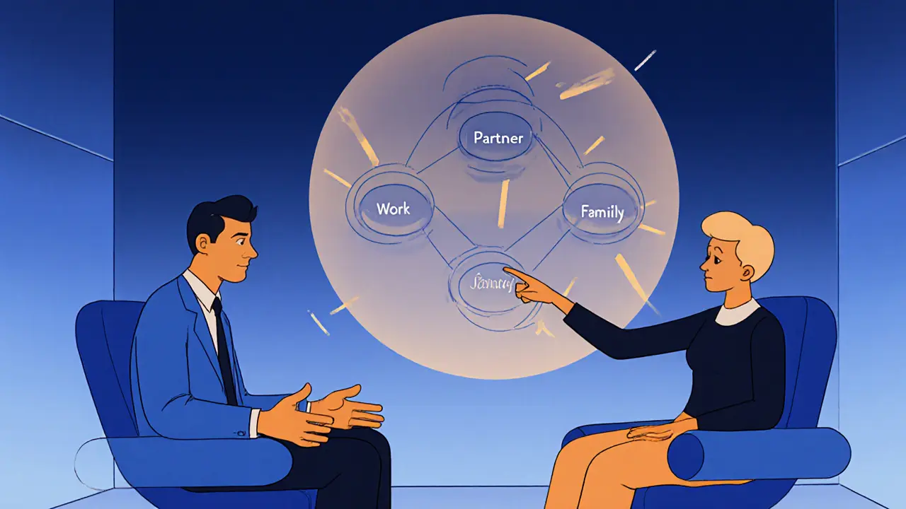 Terapeut a klient sedí proti sobě, před nimi je diagram vztahů s napnutými čarami.