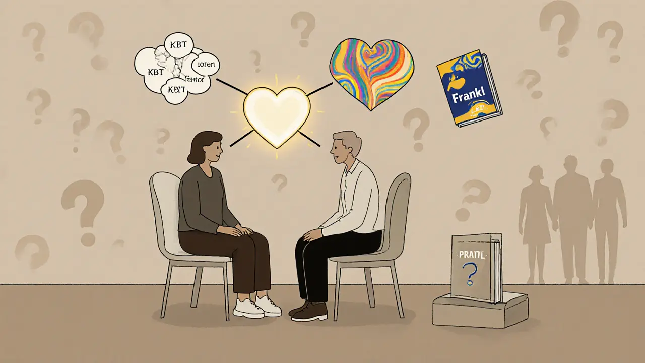 Terapeut a klient spojeni světelným vláknem, které ukazuje různé terapeutické prvky.