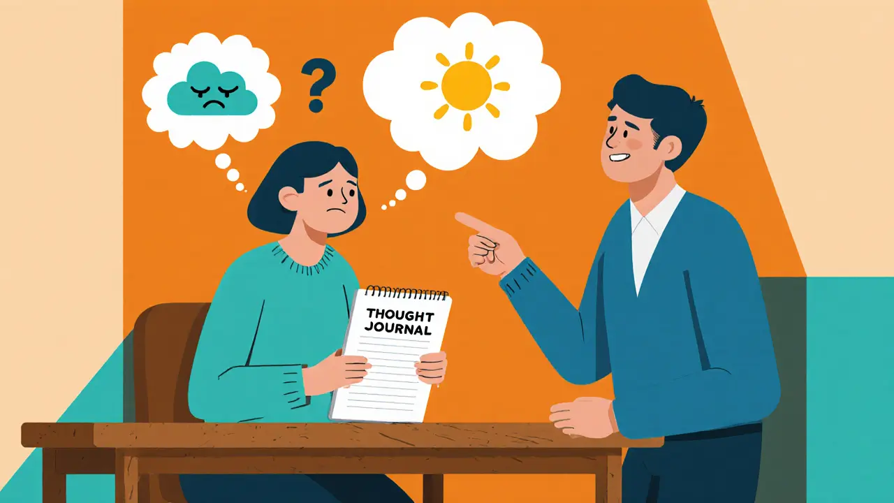 Terapeut a klient spolu analyzují deník myšlenek s vizuálními bublinami myšlenek.