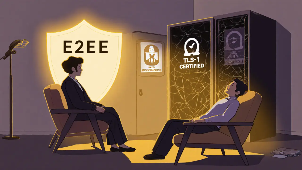 Terapeut a klient v bezpečné prostředí s viditelnými značkami šifrování a certifikace.