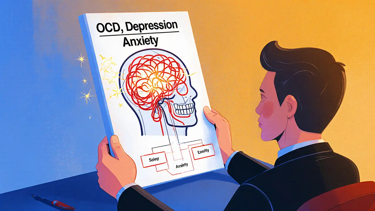 Terapeut a pacient sedí u stolu, v hlavě pacienta je vidět chaos mozkových spojení.