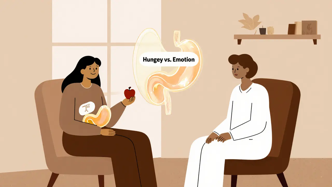 Terapeut a pacient spolu diskutují o rozdílu mezi hladem a emocemi.