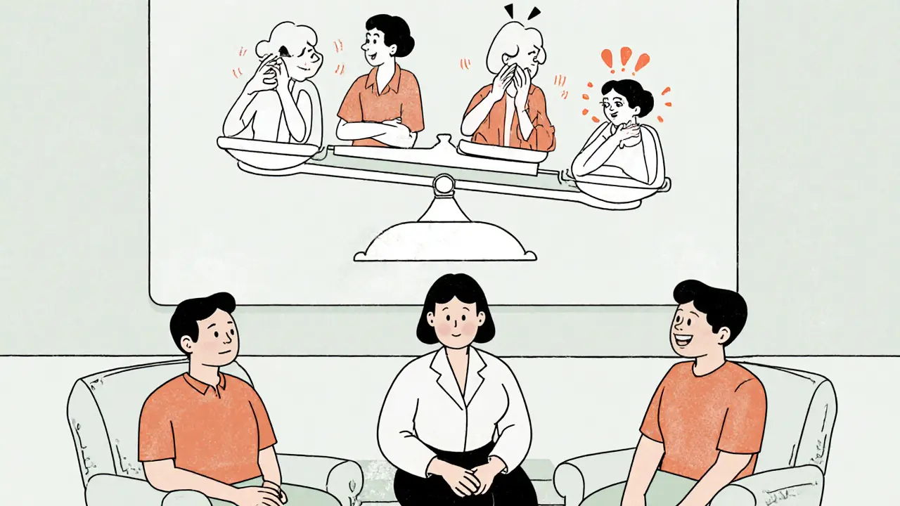 Terapeut mezi párem, nad nimi váží se pozitivní a negativní komunikační styly jako váha.