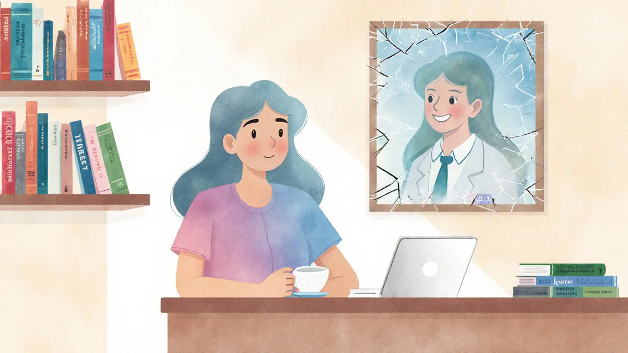 Terapeut sedí v kanceláři, v zrcadle vidí svou mladší verzi, knihy o supervizi a vlastní terapii na regálech.