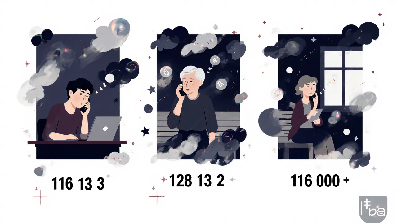 Tři lidé různých věků hovoří po telefonu, jejich starosti se mění v jasné koule.