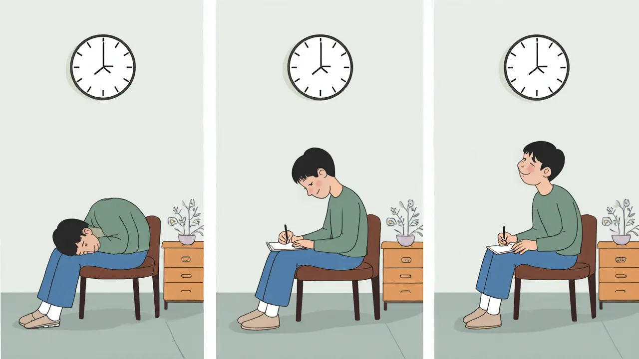 Tři scény terapie v jednom místě, znázorňující postup od krize k naději.