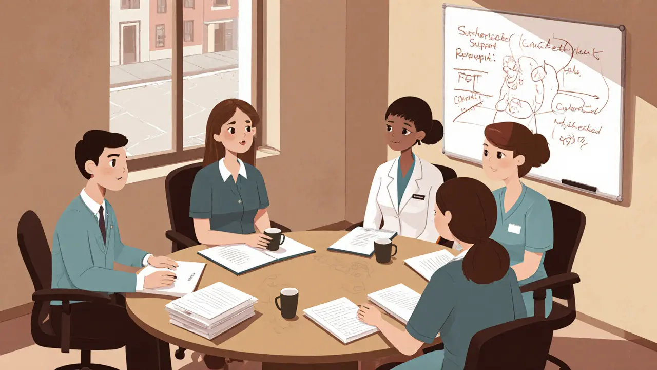 Tým odborníků v centru duševního zdraví pomáhá klientovi v teplém prostředí.