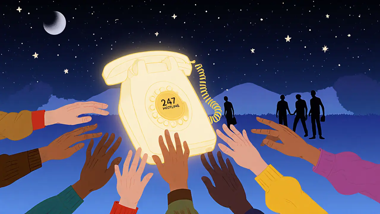 Záchranná linka 116 123 s rukama, které se k ní táhnou v noci.