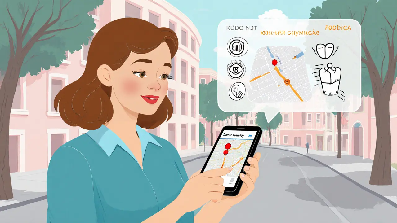 Žena používá aplikaci Záchranka na ulici k nalezení defibrilátoru.