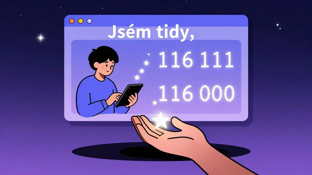 Chatová zpráva 'Jsem tady' se objevuje ve hvězdné obloze s čísly pomoci.