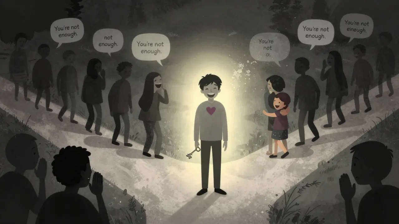 Člověk stojí na rozcestí — jedna cesta vede ke starým strachům, druhá ke svobodě.