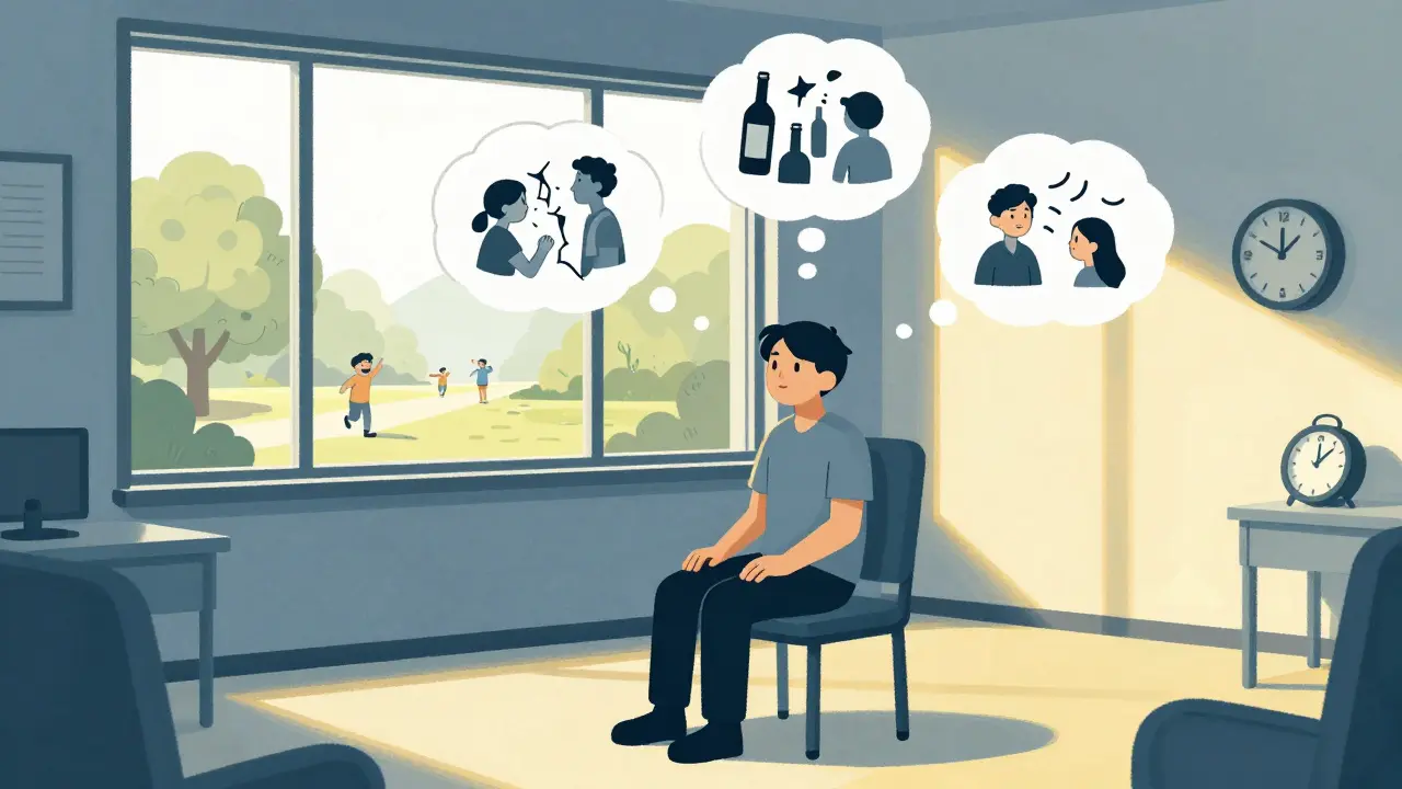 Člověk v terapeutické místnosti s protikladným vnějším světem venku.