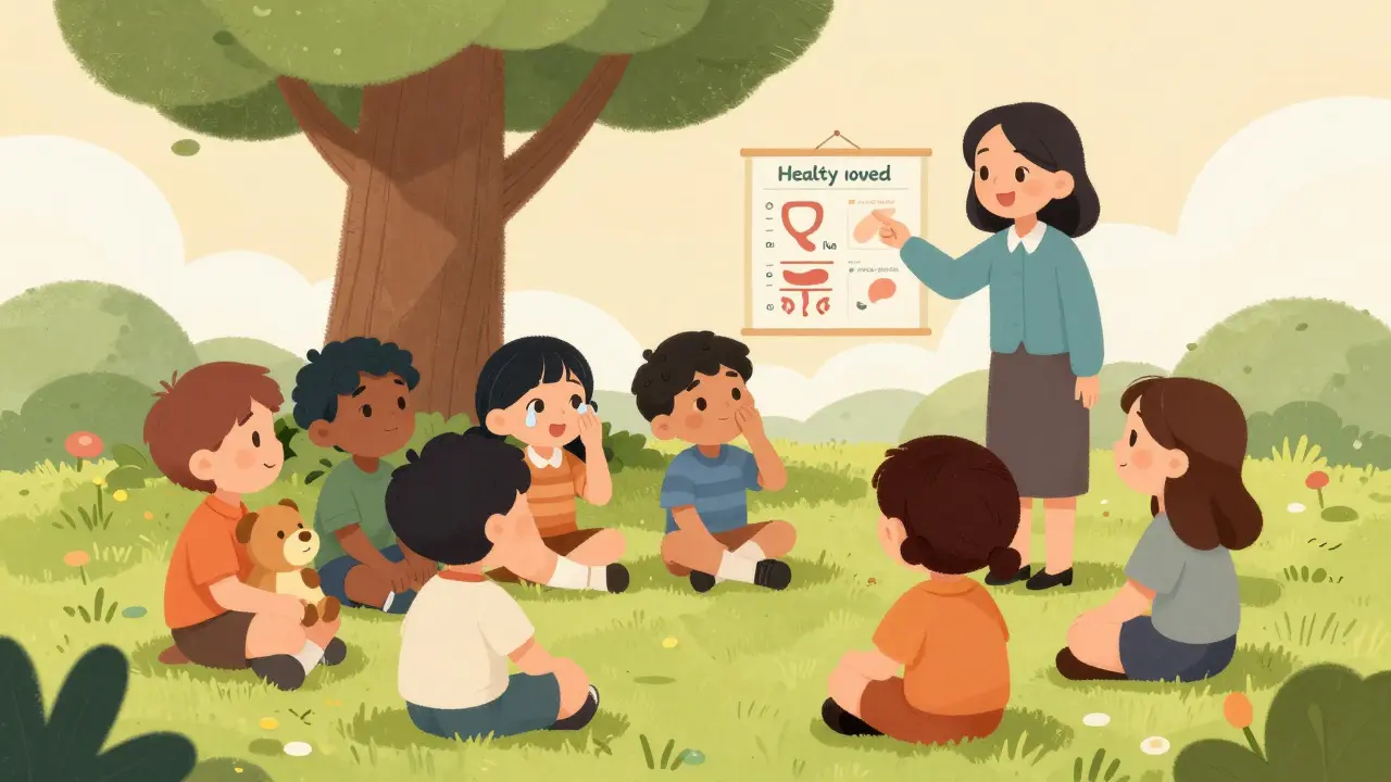 Děti v letním táboře sedí v kruhu a sdílejí příběhy pod stromem s poradkyní a grafem.