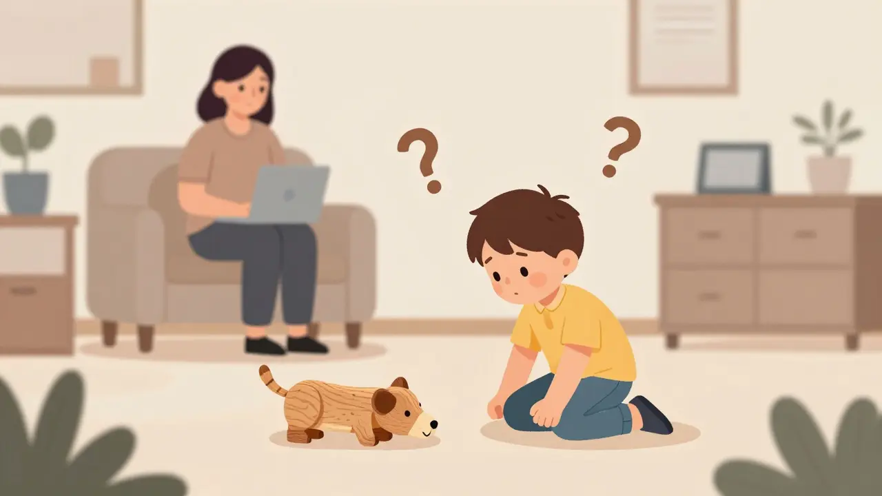 Dítě hraje s hračkami u psychologa, jedna hračka leží mrtvá, terapeut pozoruje tichým pohledem.