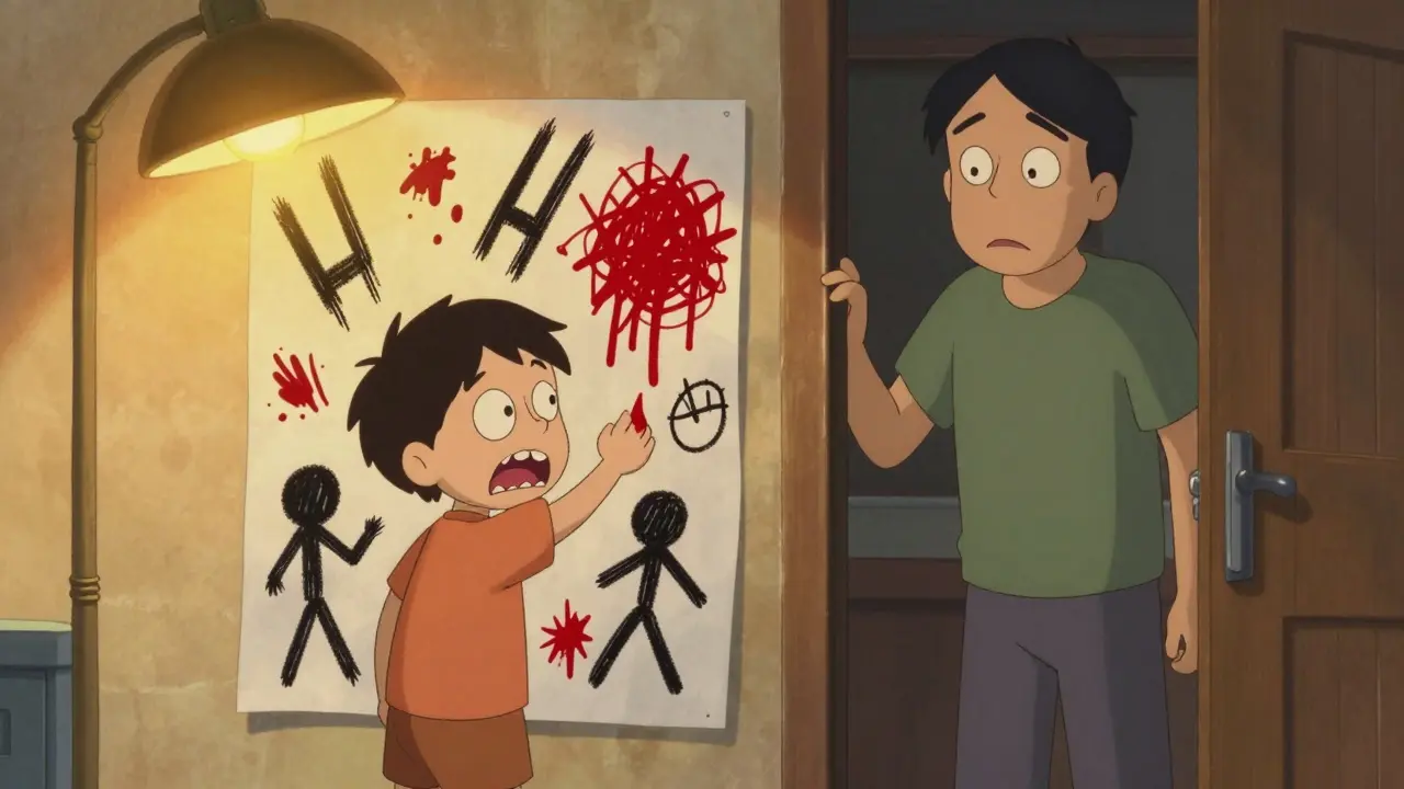 Dítě kreslí temné, agresivní obrazy, rodič stojí v dveřích s obavami v očích.