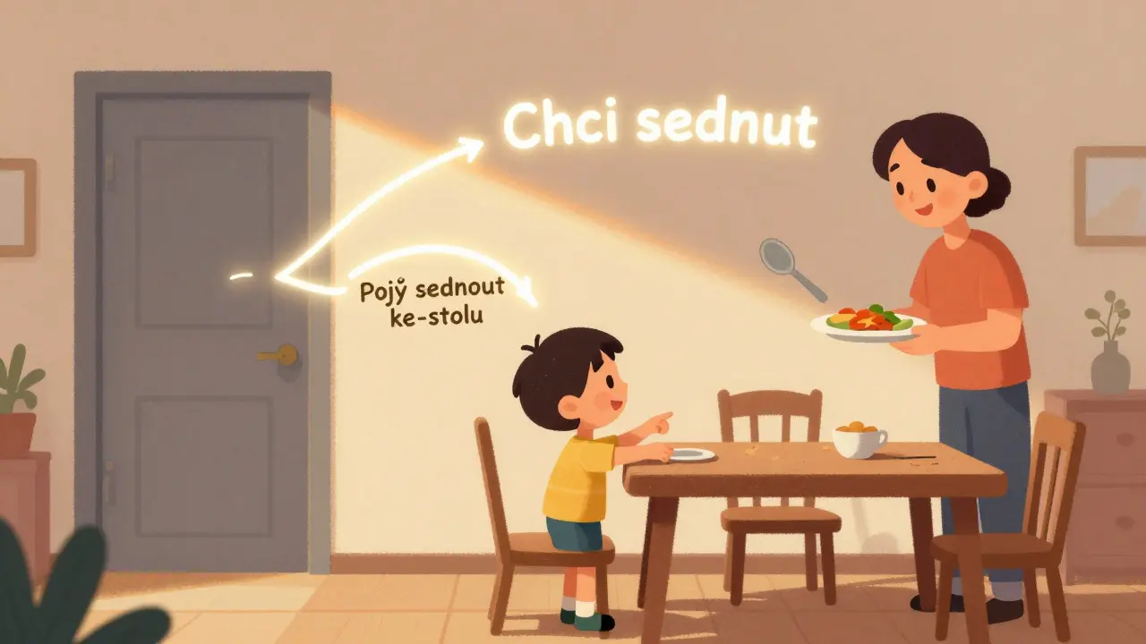 Dítě opakuje větu z televize, ale ukazuje na stůl — význam se mění v vlastní komunikaci.