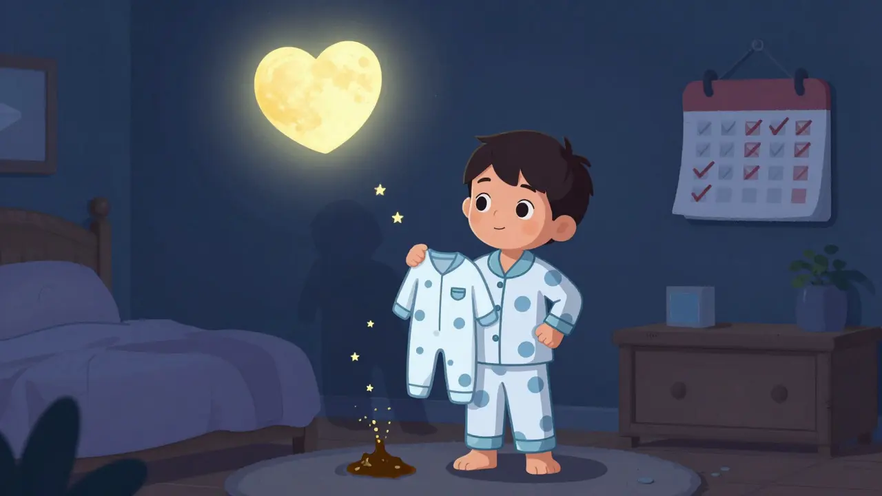 Dítě stojí v pizmech s suchým prádlem, záplavy moči a stolice se mění v hvězdy pod měsícem.