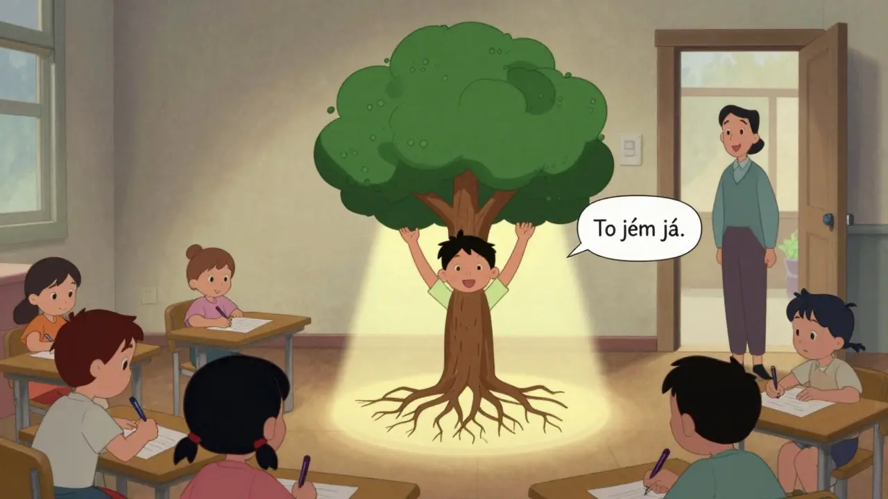 Dítě ukazuje kresbu stromu s kořeny, zatímco ostatní děti klidně kreslí.