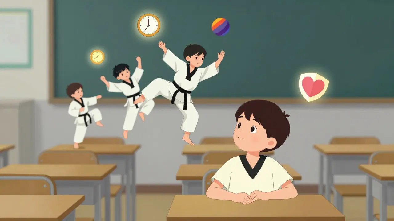 Dítě v třídě se pohybuje ve fantazijní scéně tanečního a bojového cvičení.