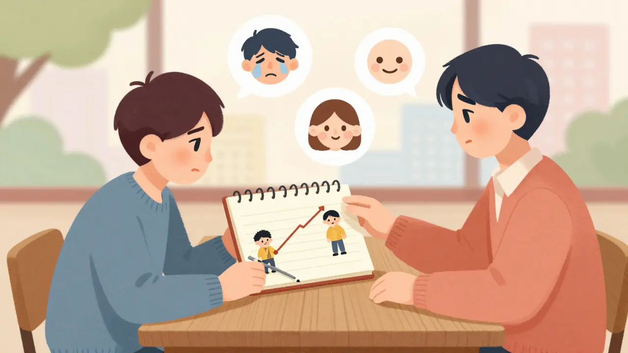 Dva lidé u stolu, notebook s vývojem a mírně plavající myšlenkové bubliny, klidná atmosféra uzavření.