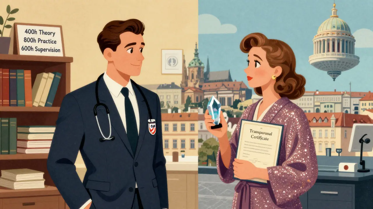 Dva terapeuté: jeden s potvrzenou kvalifikací a druhý s falešným certifikátem, stojí proti sobě v Praze.