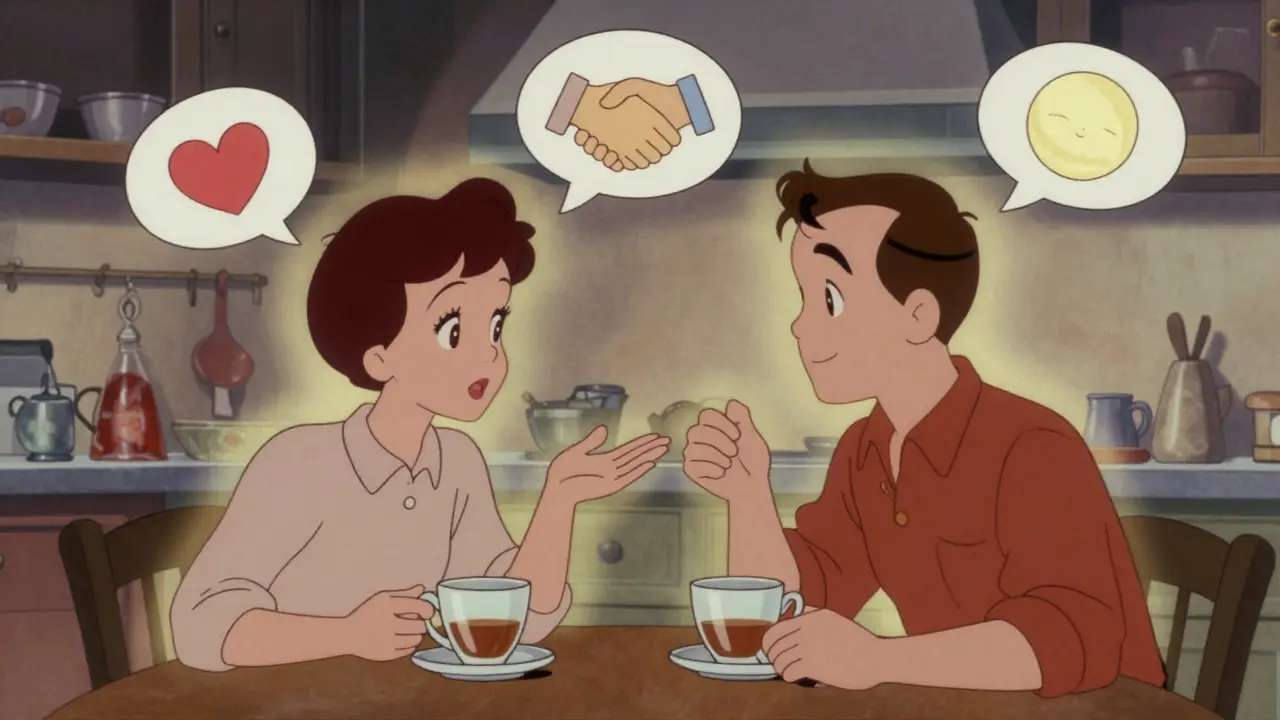 Dvě osoby si spolu pijí čaj, tichá přátelská atmosféra, žádné telefonky.