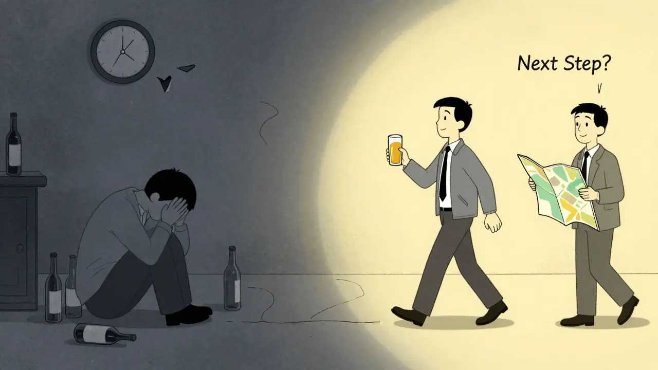 Dvě scény: jedna temná s prázdnými láhviemi, druhá slunná s člověkem, který drží jedno pivo a jde s přítelem.