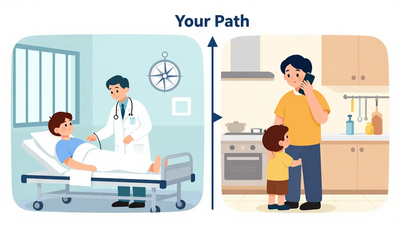 Dvě scény: léčebna vlevo, rodinný domov vpravo – cesta k uzdravení.